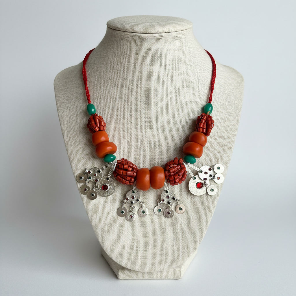 Collier Louban aux perles chaudes, touches de vert et pendentifs argentés